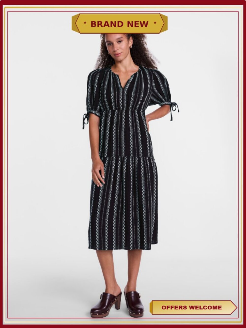 Split Neck Tiered Midi Dress Puff Sleeve Adjustable Ties Casual